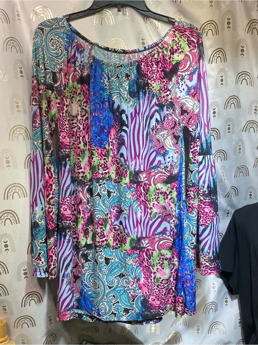 west loop Multi-Print Scoop Neck Long Sleeve Tunic in Pink, Blue, Green, Black